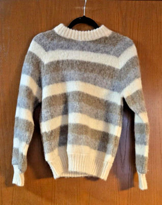 Vintage Ice Knit Wool Sweater- Cream/Brown Stripes- Made in Iceland- Size Medium