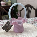 Rare Fenton Blue Burmese Pink Spiral Optic Glass Decorative Basket