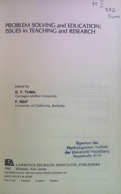 Problem Solving and Education: Issues in Teaching and Research. Tuma, D.T. and F