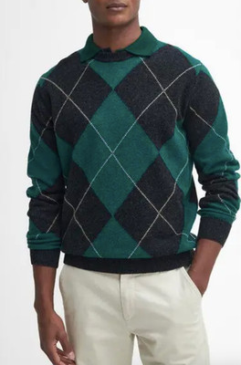Barbour Sweater Mens Large 100% Wool Argyle Sutherwell Crew Neck Pullover