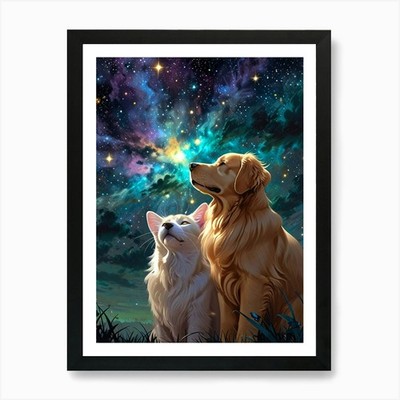 Two Dogs Looking At The Stars 6 Art Framed Wall Art Poster Canvas Print Picture