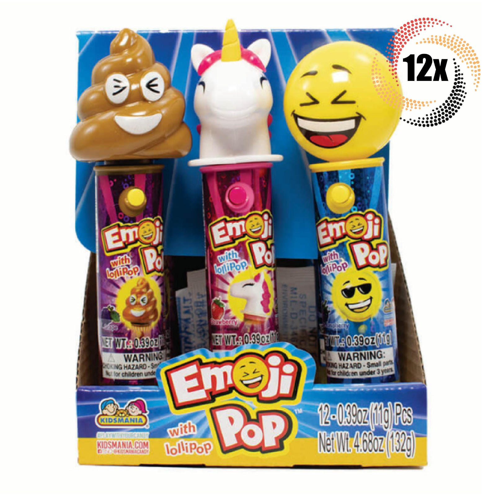 Полная коробка 12x Pops Kidsmania Emoji Pop Ассорти леденцов на палочке Light Up Candy | 39 унций