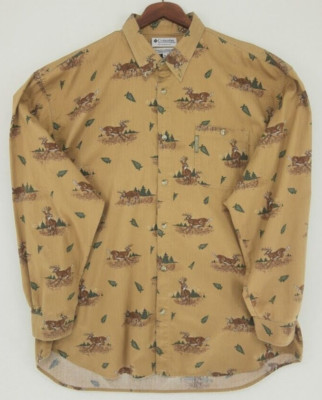 Columbia Shirt Mens XL Brown Hunting Deer Bucks All Over Print Cabincore