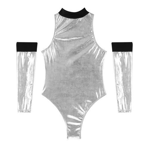 Women's Shiny Patent Leather Astronaut Costume High Cut Bodysuit with Oversleeve - Picture 3 of 25