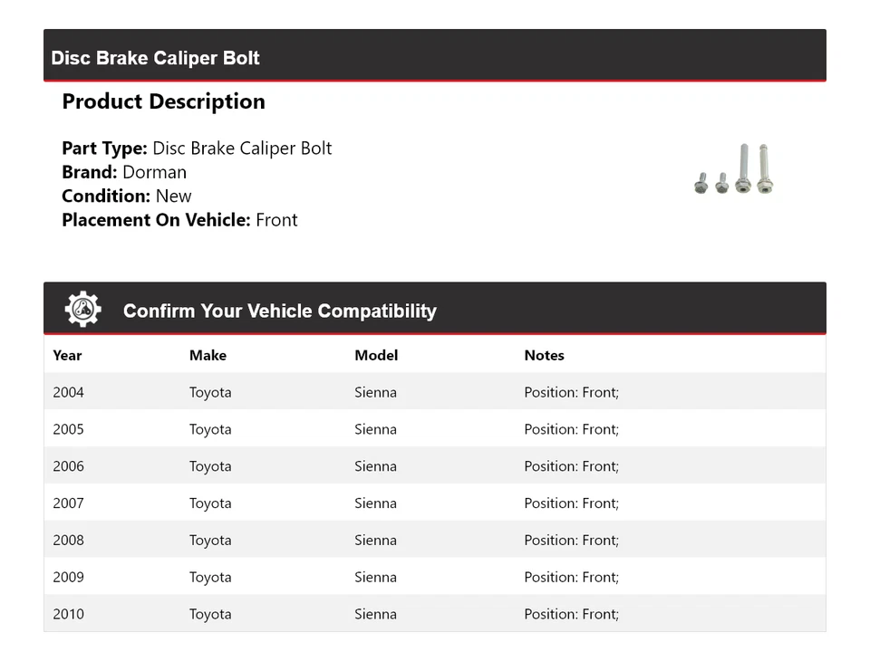 Para 2004-2010 Toyota Sienna Dorman pinça de freio a disco parafuso dianteiro 2005 2006 2007 - Imagem 2 de 4