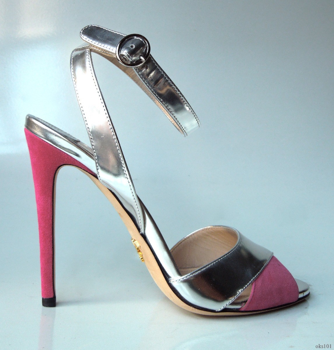 PRADA silver pink 2-tone open-toe ankle strap heels shoes Bachata