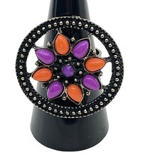 Ring Adjustable Size Band Boho Retro Flower Purple Orange Aged Silver Tone