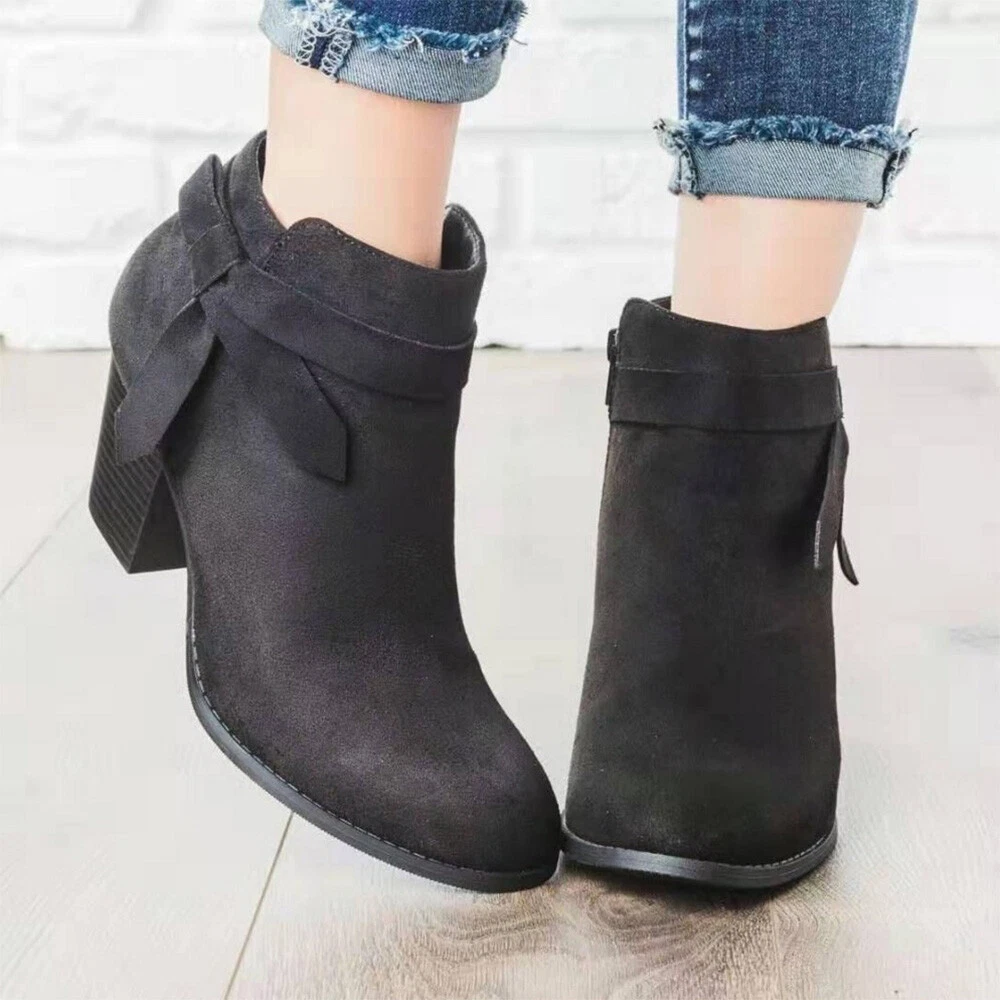 Ladies Winter Ankle Boots Womens Simple Chelsea Block Chunky Heel