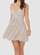 1.state Women's Beige V-Neck Sequined Sleeveless Fit&Flare Dress Size M