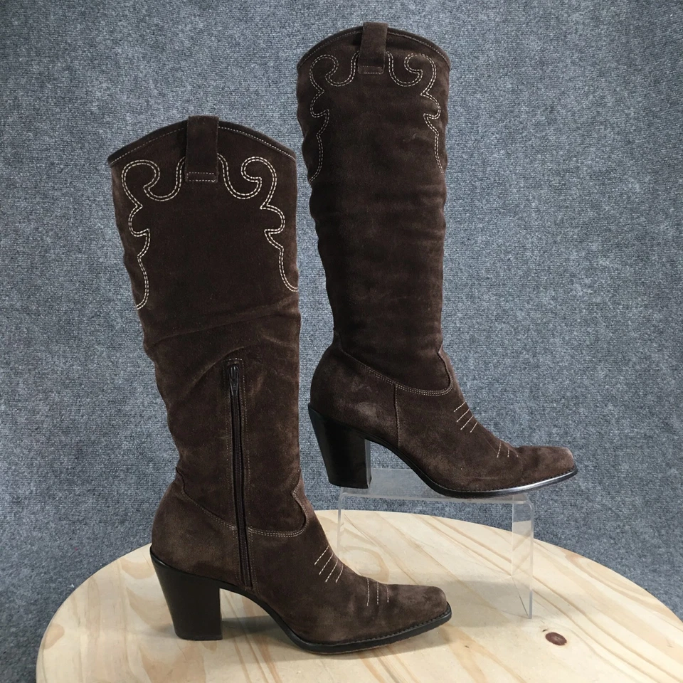 Botas Via Spiga para mujer 9 M de altura para montar marrón imitación cuero media pantorrilla pull on bloque Foto 2 de 4