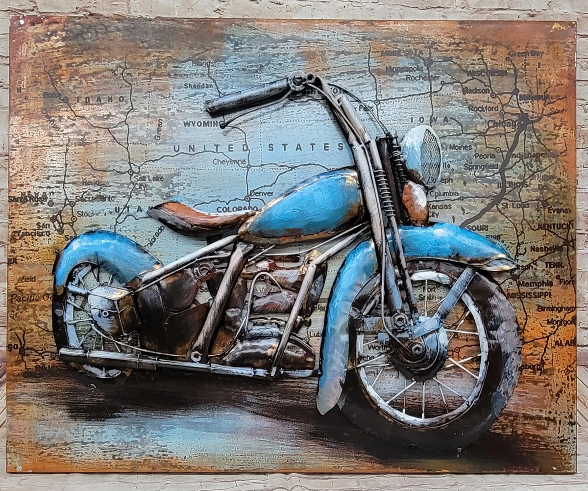 Recycled Vintage Motorcycle Wall Art Painting 3D Hand Made Classic