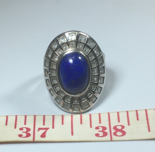 Vintage Sterling Silver Genuine Lapis Sparkly CZ Cocktail Ring Size 7 R140 - Picture 5 of 8