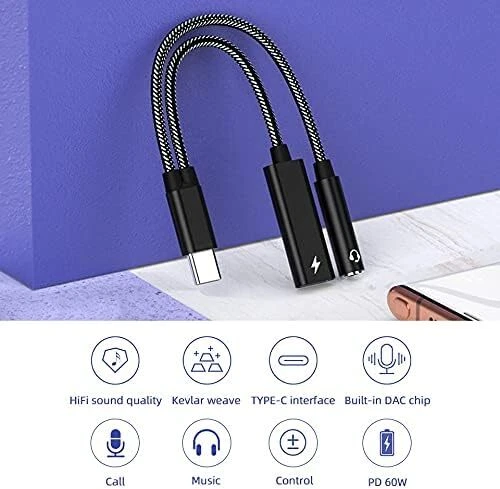 2 in 1 Type-C USB C to 3.5mm AUX Audio Headphone Jack Adapter Charger Cable New - Image 2 of 4