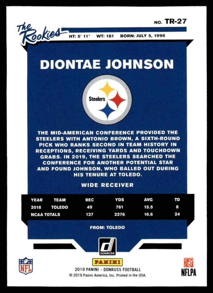 2019 Donruss The Rookies Diontae Johnson #TR-27 - Image 2 of 2