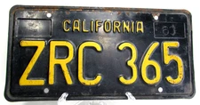 Vintage California 1963 Car Truck License Plate ZRC 365 Black Retired State