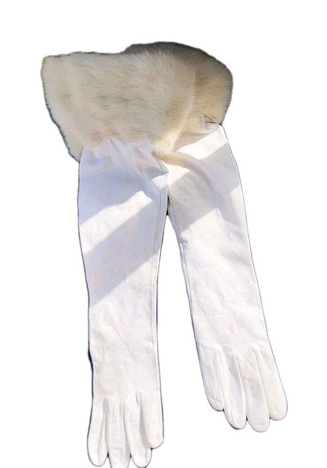 21 In Long White Kid Leather Gloves.5" White.Mink Cuff Wedding Mint  7.5 - Image 2 of 4