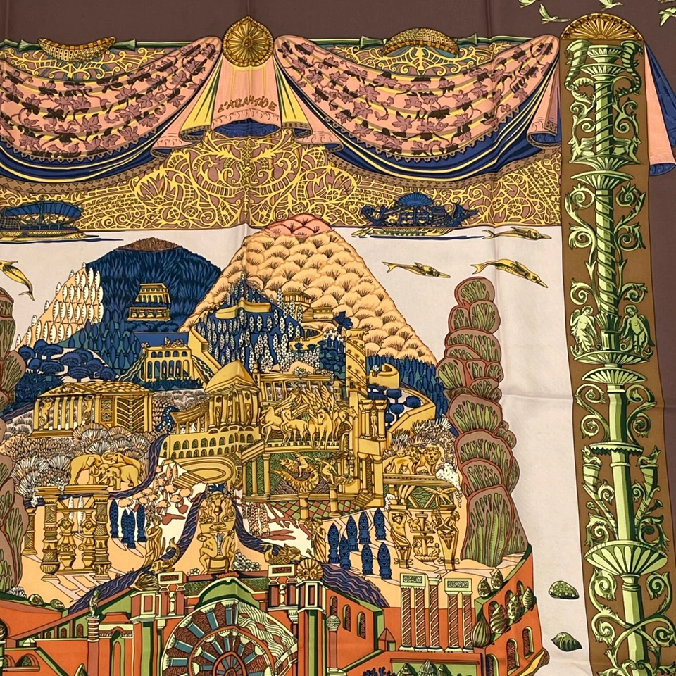 Bufanda de cachemir Hermes l'Atlantide Faivre 90 cm marrón vintage Foto 3 de 4