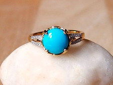 Sleeping Beauty Turquoise&Zircon Solitaire Ring 18K Gold on Sterling Silver Sz N
