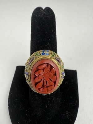 Vintage Chinese Export Sterling Silver Enamel Cinnabar Filigree Adjustable Ring