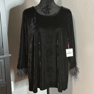 Rafaella Black Velvet Feather Trim Long Sleeve Top XL Quiet Luxury Old Money