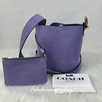 Coach Bleeker Bucket Bag 21 Crossbody in Suede/Brass/Violet Mist CCW84 + Pouch