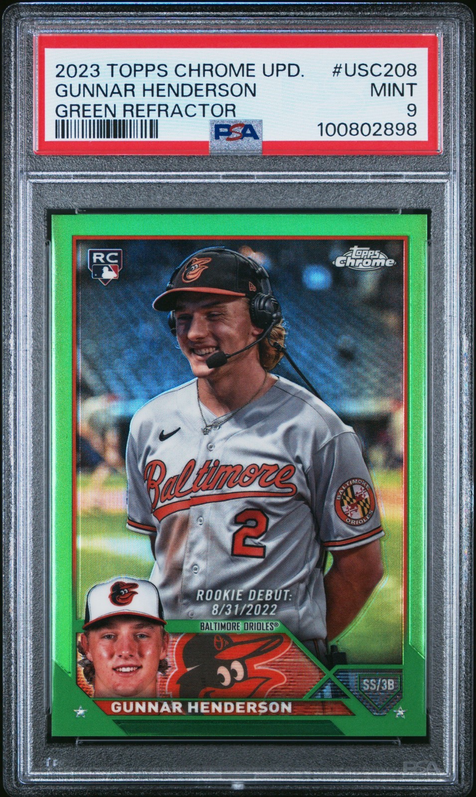 2023 Topps Chrome Update USC208 Gunnar Henderson Green #/99 RC PSA 9 view 1