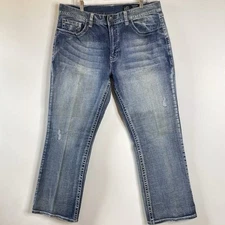 TK Axel Mens Jeans 38x32 Med Wash Vintage Bootcut Flap Pockets Distressed Flex