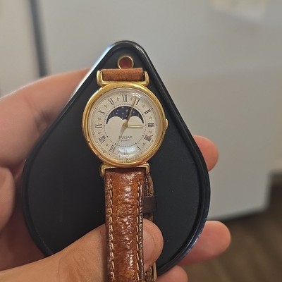 Pulsar Gold Case Dress Wristwatch Moonphase Quartz Brown Leather Band