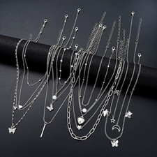 13Pcs Women Silver Zircon Necklace Butterfly Heart Star Pearl Fashion Jewelry