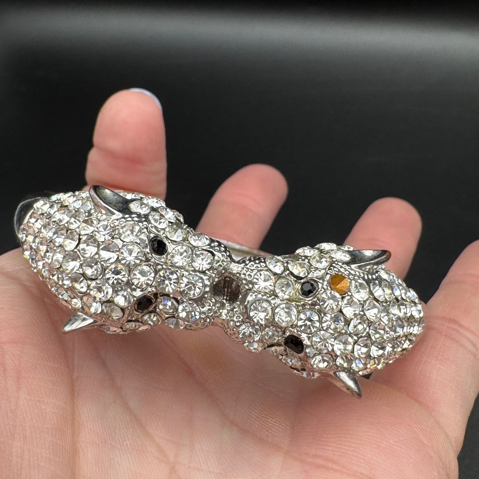 Double Leopard Head Rhinestone Statement Bracelet… - image 4