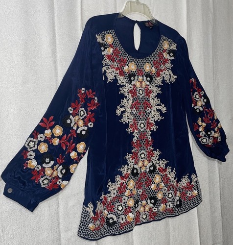 Micky London Dk Blue Multicolor Floral Embroidered Blouse Keyhole Neck Sz L - Picture 12 of 17