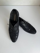 Prada Black Embroidered Leather Derby Shoes Men’s EU 42 Lace-Up Italy