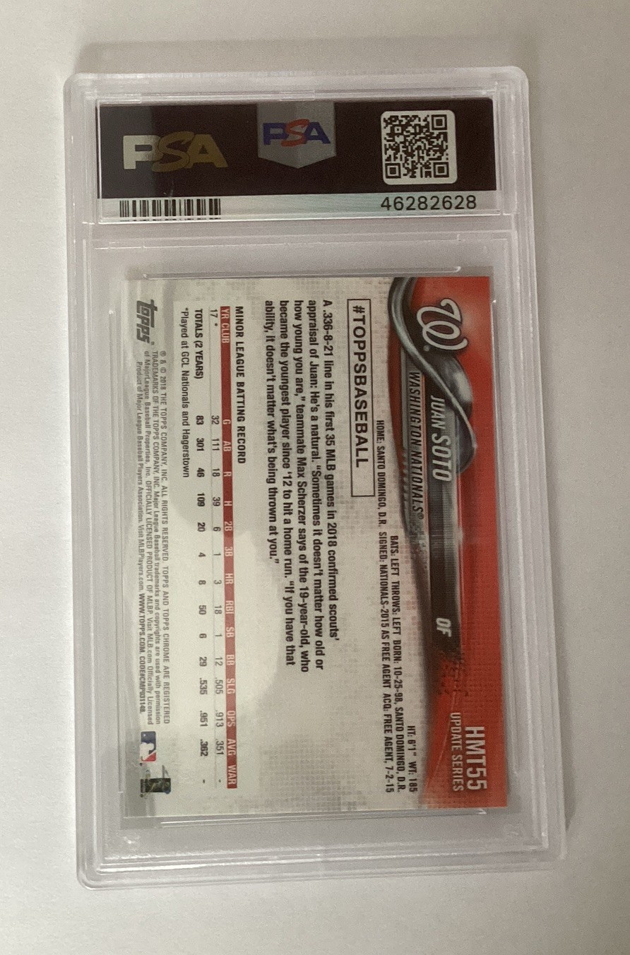 Topps 2018 Chrome Update Juan Soto Hitting Machines RC #HMT55 PSA 9 view 2