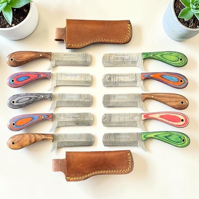 Cowboy Bull Cutter Knives | Lot of 10 | Damascus Steel | Premium Wood | D389