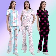 Women's Printed Scrub Set Stretch Medical Nursing Uniform V-Neck Top Pant