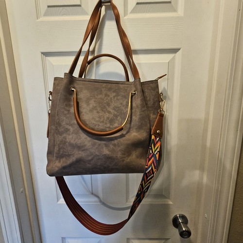 Boho Convertible Shoulder Tote Bag Gray Faux Suede Leather Crossbody Purse - Picture 5 of 22