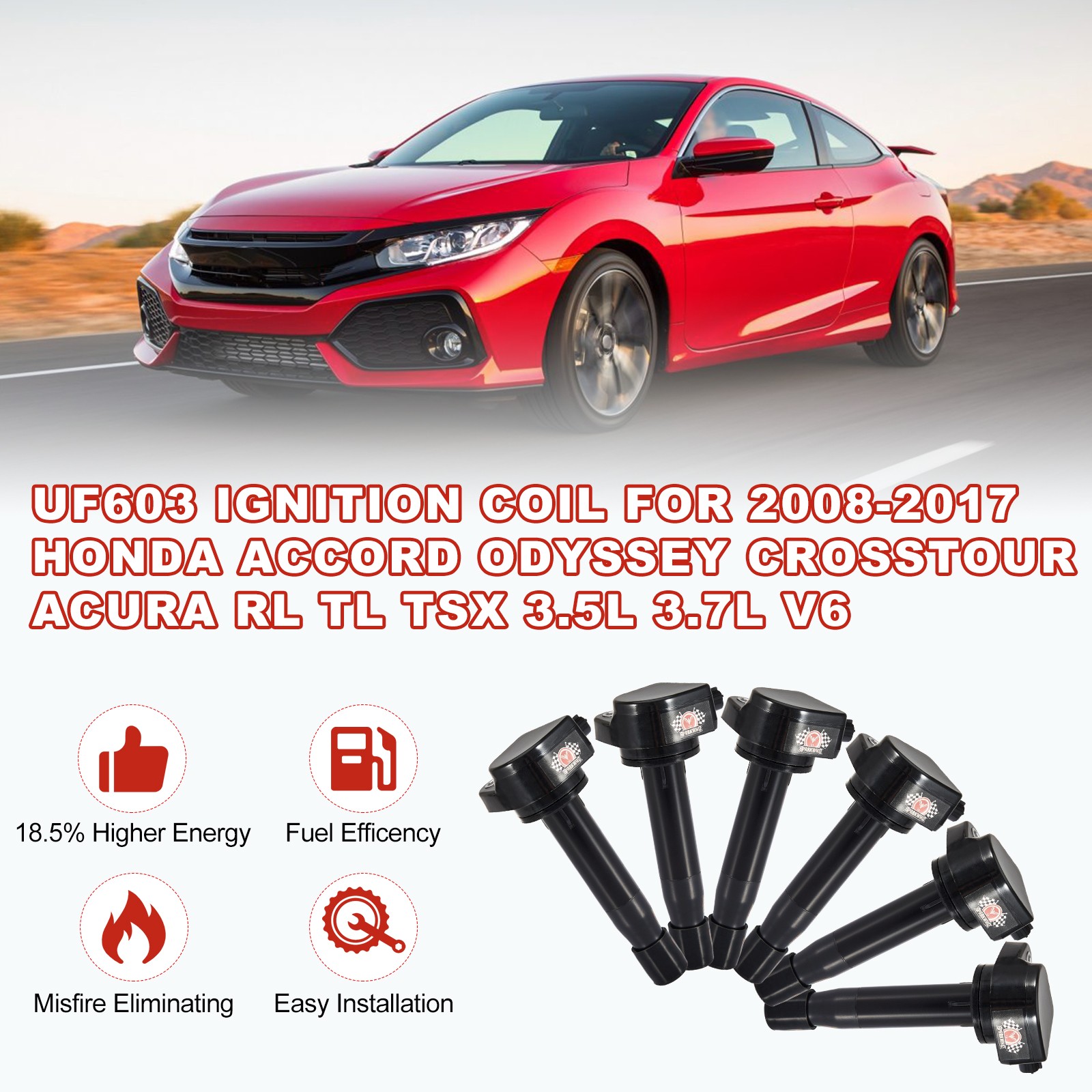 6X Ignition Coils + 6X Spark Plugs Kit for 2011-2017 Honda Odyssey UF-603 5C1681