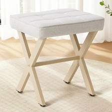Taburete de tocador otomano cuadrado de lino taburete de maquillaje metal X patas pequeño reposapiés silla
