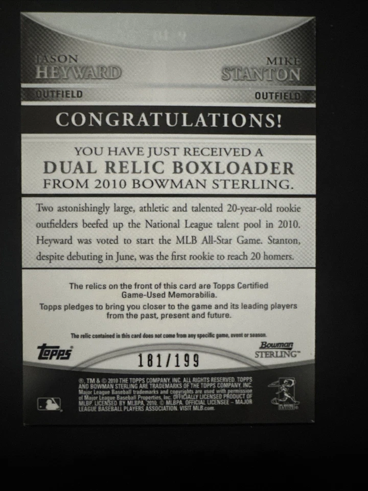 2010 年 Bowman Sterling /199 Jason Heyward Giancarlo Stanton Mike #BL-9 新秀 RC — 第 2/3 张图片