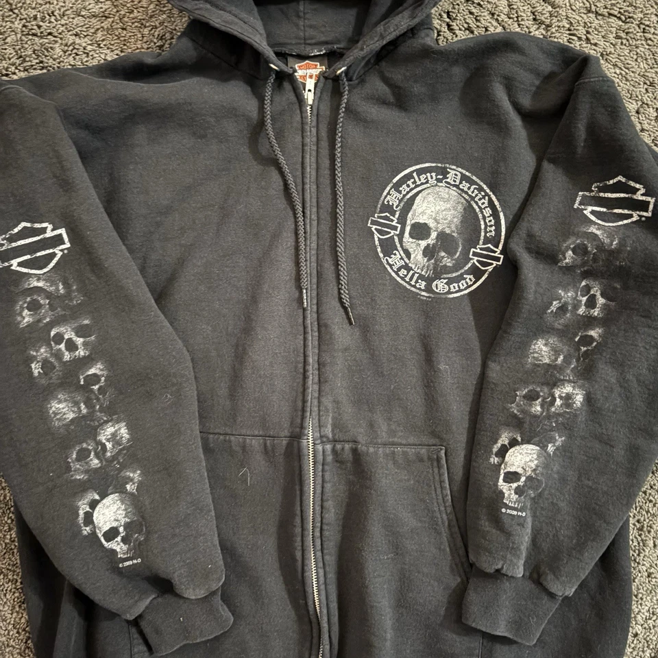 Винтажная черная толстовка с капюшоном Harley Davidson с черепами и спиной графический размер большой y2k - Изображение 2 из 4