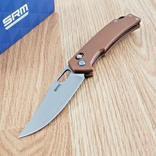 SRM Knives 9203 Folding Knife 3.5" 140Cr Steel Blade Brown Canvas Micarta Handle