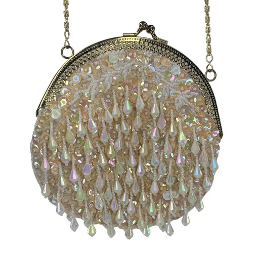 Vintage Iridescent Teardrop Beaded Shoulder/Crossbody Bag Golden Crown 6.5 in - Picture 6 of 12