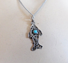 Vintage Silver Filigee Fish with Turquoise Stone Necklace