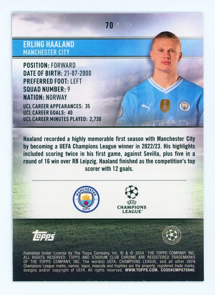 2023-24 Erling Haaland Topps Stadium Club Chrome Gold Refractor Card 42/50 - Image 2 of 3