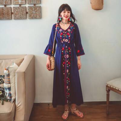 Womens Summer Bohemian Folk Style Embroidery V-Neck Flared Sleeve Travel Dress | eBay Womens Summer Bohemian Folk Style Embroidery V-Neck Flared Sleeve Travel Dress | eBay