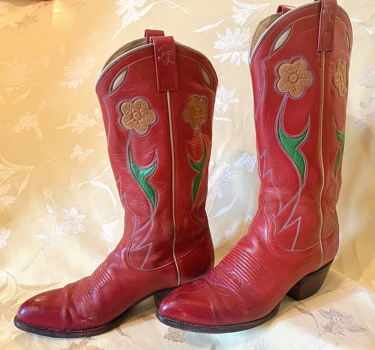 Vintage Ralph Lauren Lucchese Cowboy Selene Western Boots Womens Size 7 Red  70s