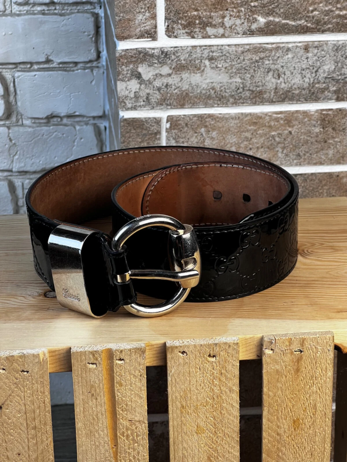 Ceinture Gucci GG cuir poli monogramme large noire taille 95 cms