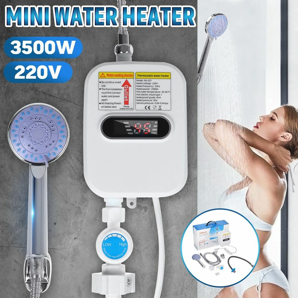 x Mini Scaldabagno Elettrico Istantaneo 3500W Soffione Doccia Acqua Calda cir