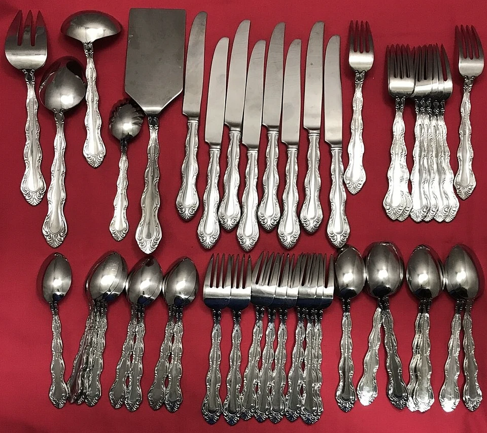 45 Pc BORDEAUX Stainless 18/10 SERVICE FOR 8 + SERVING PCS Reed & Barton China - Image 2 of 4