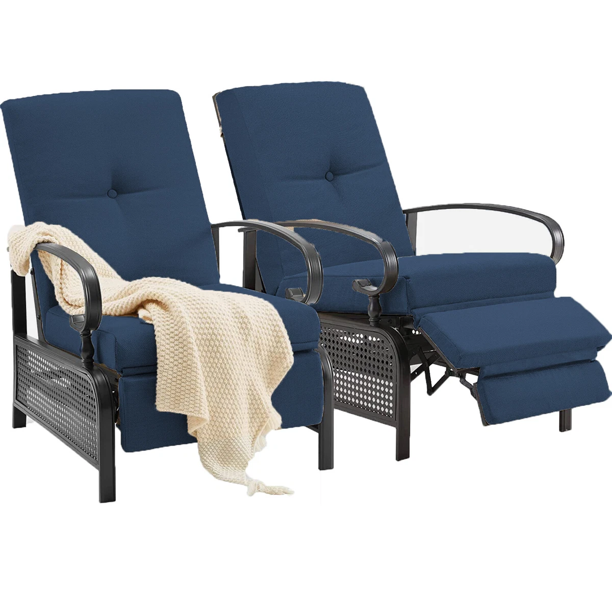Adjustable Patio Recliner Chair Set of 2 Metal Outdoor Reclining